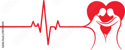 Heartbeat line with couple hugging for love and romance concept