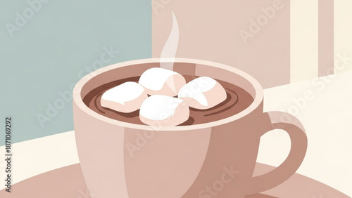 A steaming mug of rich hot chocolate topped with four large fluffy marshmallows on a saucer in a cozy setting with pastel colored