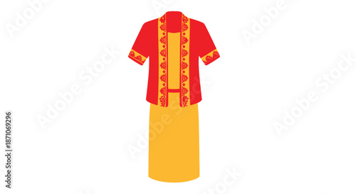 Traditional red and yellow Baju Kurung a classic Southeast Asian womens costume.