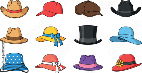 Hat fashion icons set featuring various headwear styles including caps, fedora, cowboy, sun hats, and accessories for casual and formal outfits