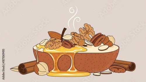 A steaming bowl of oatmeal with nuts and honey on a beige background with cinnamon sticks and walnuts around it with breakfast with food