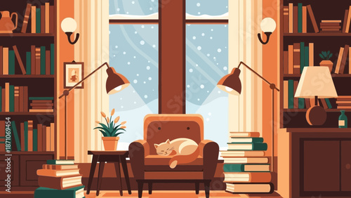 Cozy illustration depicting a peaceful cat napping comfortably in an armchair surrounded by bookshelves and warm lighting while snow falls outside the window on a cold winter day