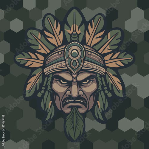 the stern face of a tribal Indian warrior or deity in camouflage paint with stylized leaves on his head, depicted against a background of honeycomb-shaped camouflage