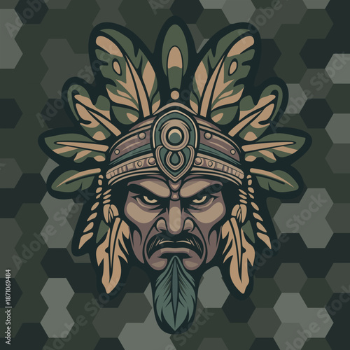 the stern face of a tribal Indian warrior or deity in camouflage paint with stylized leaves on his head, depicted against a background of honeycomb-shaped camouflage