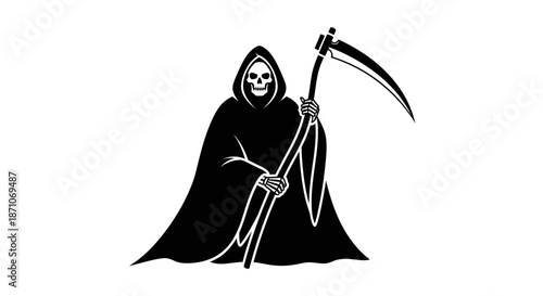 Grim Reaper Silhouette with Scythe Black and White.