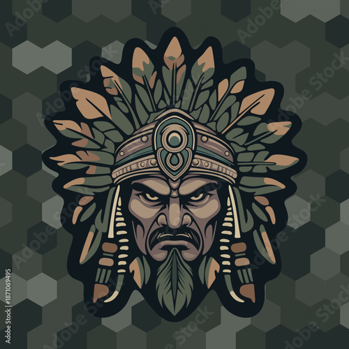the stern face of a tribal Indian warrior or deity in camouflage paint with stylized leaves on his head, depicted against a background of honeycomb-shaped camouflage