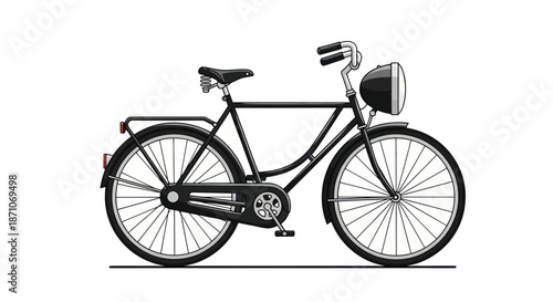 Classic Black Vintage City Bicycle with Headlight and Rear Rack.