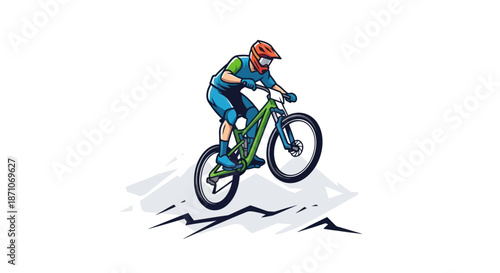 Dynamic Mountain Biker Jumping Green Bike in Full Gear Illustration.