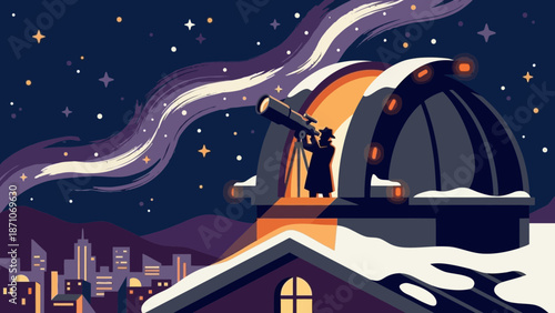 A lone astronomer in a snowy observatory dome gazes through a telescope at the brilliant night sky filled with stars and the swirling purple band of the galaxy above a distant city skyline.