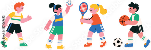 "Colorful kids playing various sports including soccer, basketball, and tennis in flat vector style, isolated on white background."

flat vector illustration