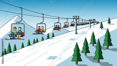 A cartoon illustration of people riding a ski lift up a snowy mountain with pine trees on a sunny day with winter sports and skiing