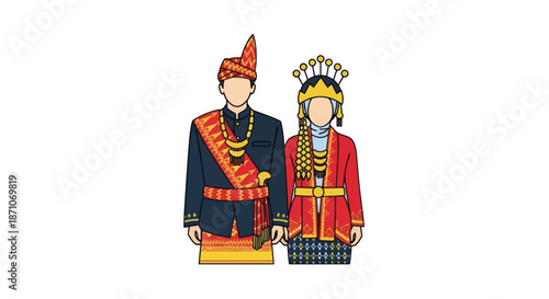 Traditional Southeast Asian Couple in Elaborate Cultural Attire Illustration.