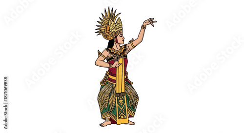 Balinese Dancer in Traditional Costume with Elaborate Headdress and Gestures.