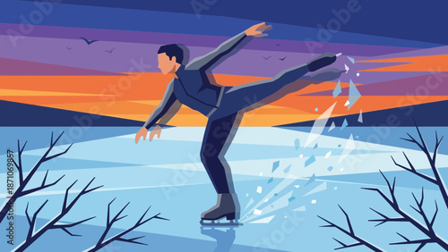Male figure skater performing a graceful spin or arabesque jump maneuver on frozen ice during a beautiful twilight sunset with dark bare tree branches in the foreground illustrating winter sport.