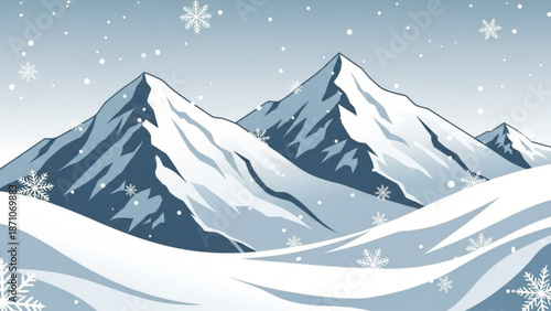 Snowy mountain range with snowflakes falling on peaks and rolling hills in a serene winter landscape scene with a clear blue sky with view