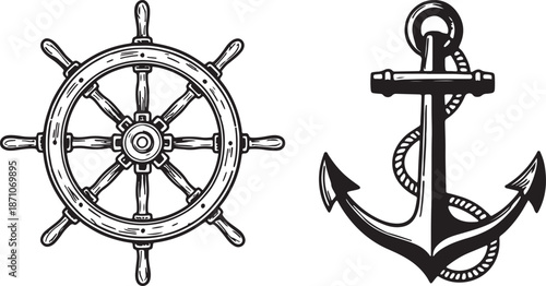 Vintage ship steering wheel and anchor isolated on transparent background