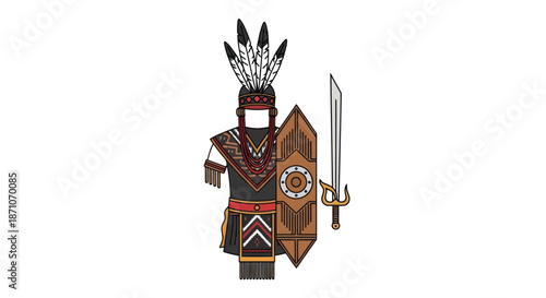 Stylized Indigenous Warrior with Feathered Headdress Shield and Sword Illustration.