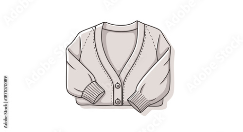 Neatly folded beige V-neck cardigan sweater with buttons cartoon illustration style.
