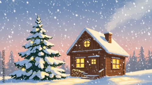 A cozy snow covered wooden cabin with a snow laden pine tree stands warmly lit against a serene snowy evening landscape with snowy