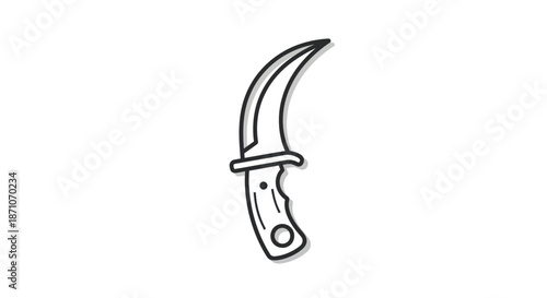 Hand-drawn Curved Blade Knife with Detailed Handle.