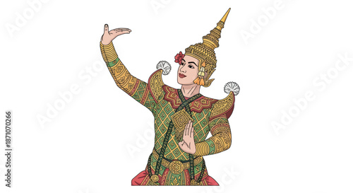 Traditional Thai classical dancer character in an elaborate green costume with a golden spired headdress.