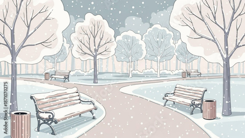 Snowy park scene with empty benches and trees on a winter day in a quiet outdoor space with walking path and trash cans with landscape