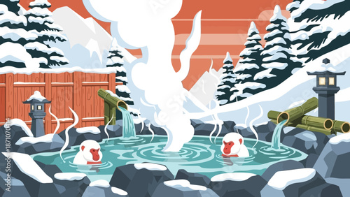 Snow monkeys enjoying a relaxing soak in a traditional japanese onsen hot spring pool surrounded by snow covered pine trees and a beautiful winter mountain landscape at sunrise