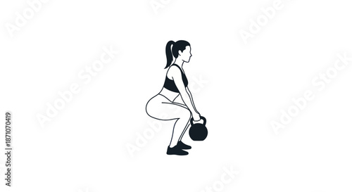 Woman performing a kettlebell squat exercise in a stylized illustration.