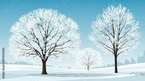 Two frosty trees stand tall in a snowy landscape with a clear blue sky and rolling hills in the background on a cold winter day with scene