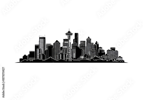 meticulously detailed black vector silhouette of the iconic seattle skyline with 'SEATTLE' text, on a transparent background with copy space. concept of urban identity branding
