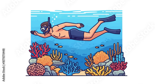 Man Snorkeling Underwater with Coral Reef and Fish Wearing Mask and Fins.
