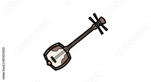 Cartoon Illustration of a Traditional Japanese Shamisen Instrument.