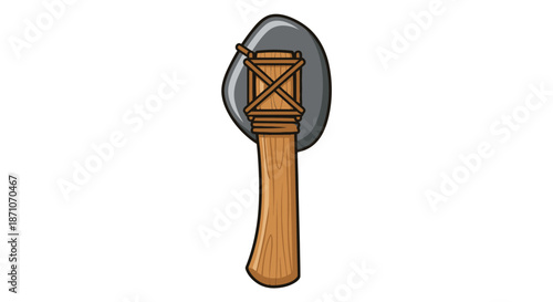 Handmade prehistoric stone axe with a wooden handle tied with rope cartoon style illustration.