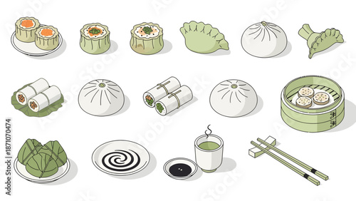 Asian Dim Sum Icon Set Flat Vector Illustration for Restaurant Menu and Food App