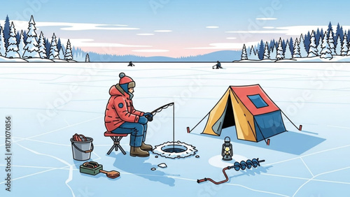 Man in orange jacket ice fishing on frozen lake with tent and equipment at sunset with winter and snow and outdoor and recreation with hat