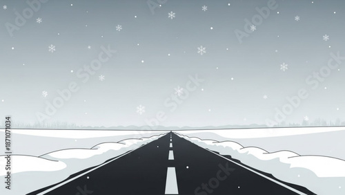 A long black road stretches through a snowy winter landscape with falling snowflakes and a clear grey sky with highway with transportation