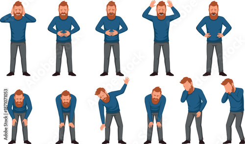 Man suffering from stomach pain vector set showing male character with abdominal discomfort, nausea and illness symptoms in flat cartoon illustration style isolated on white background