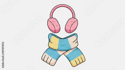 Vibrant winter accessories including pink earmuffs and a colorful blue yellow and white striped scarf on a plain background with graphic