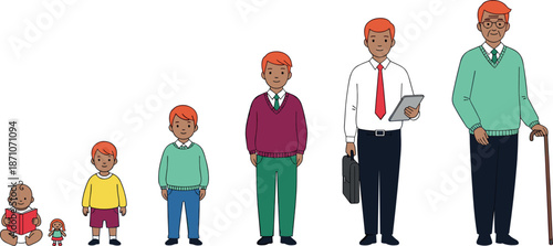 Male human life stages vector illustration showing growth from baby to elderly man representing aging process and life cycle in flat cartoon style isolated on white background