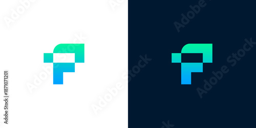 Abstract digital letter F logo icon, featuring a modern pixelated structure and a vibrant green to blue gradient, embodying concepts of innovation and technological progress