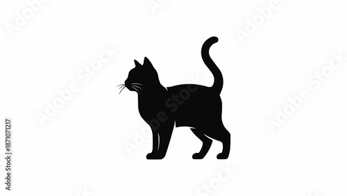 Black Cat Silhouette Standing Proudly Isolated on White Background.