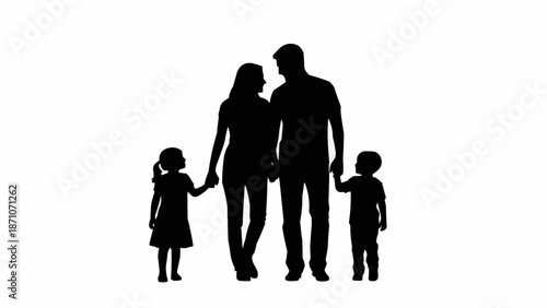Silhouette of a happy family walking together holding hands.