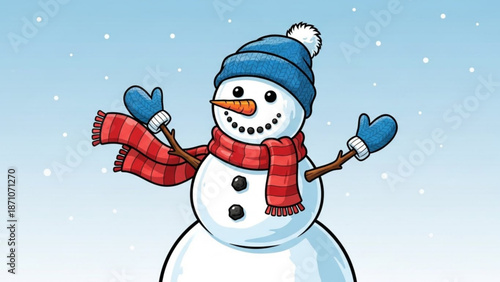 A cheerful snowman wearing a blue hat and red scarf stands in a snowy landscape with a carrot nose and coal eyes looking friendly with fun