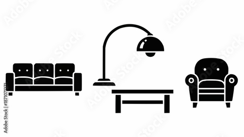 Living room furniture set icon sofa armchair and lamp.