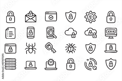 Cybersecurity and Data Protection Line Icons for Network Security UI