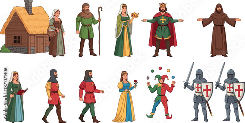 Medieval characters vector set with peasants, king, knight, jester and monk in flat cartoon style isolated on white background