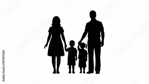 Silhouette of a happy family with two children holding hands.