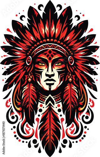 Red tribal native warrior portrait illustration with feather headdress, bold ethnic face art, powerful indigenous symbol, detailed vector artwork for tattoo, poster, logo, t shirt and graphic design