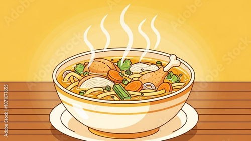 A steaming bowl of chicken noodle soup with vegetables on a wooden table with food and meal and delicious and tasty and healthy with lunch
