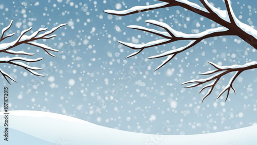 Snow falling gently on frosty tree branches against a serene winter sky with soft blue and white hues and delicate snowflakes with cold